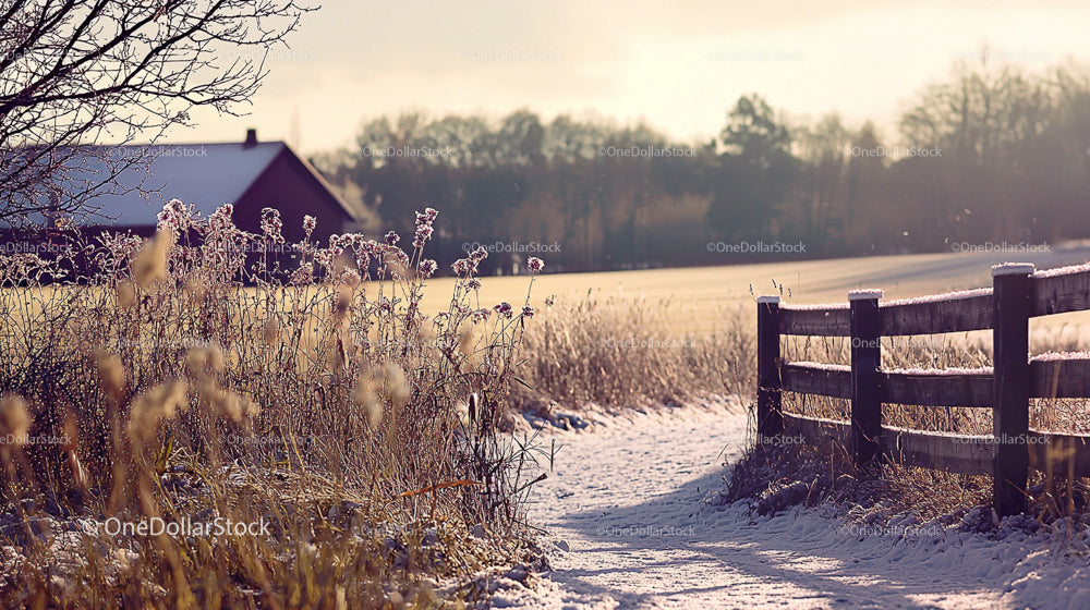 Frosty Morning on a Snowy Path in Serene Countryside