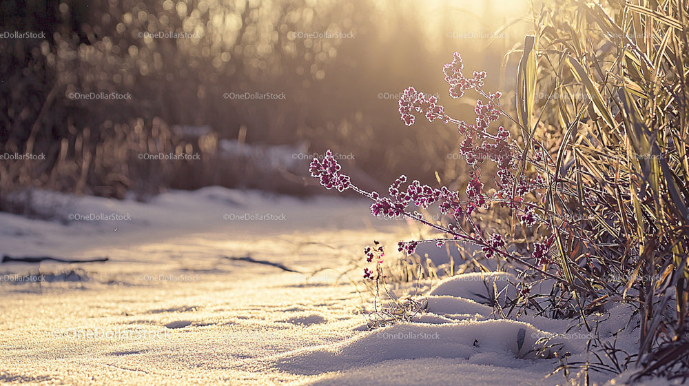 Winter Landscape with Frosty Purple Flowers and Sunlight