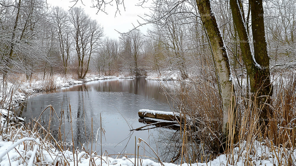 Serene Winter Landscape with Snowy Lake and Bare Trees
