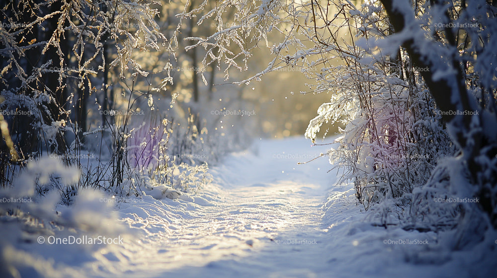 Serene Snowy Pathway Through a Sunlit Winter Forest