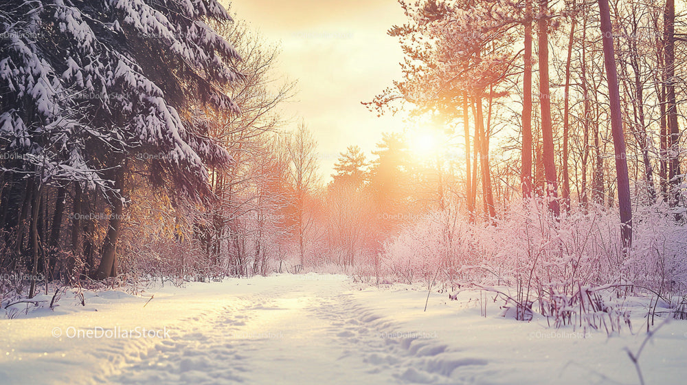 Tranquil Snowy Forest Path at Sunrise