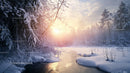 Sunrise Over a Snow-Covered Forest and Frozen Stream