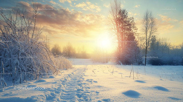 Snowy Winter Landscape with Stunning Sunset and Frosty Trees