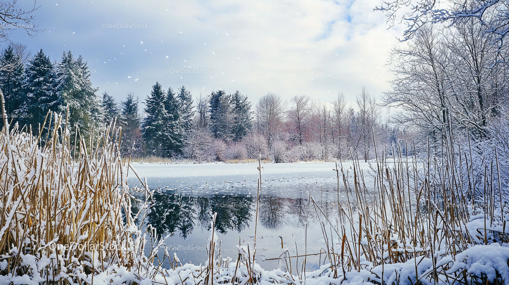 Serene Winter Landscape with Snow-Covered Trees and Frozen Lake