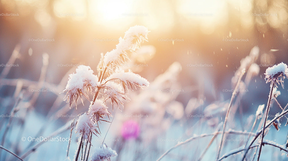 Frosty Plants Bathed in Gentle Winter Sunrise