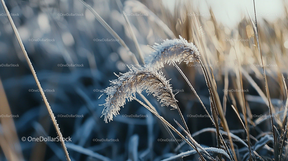 Frost Covered Grass Blades in Winter Morning Light