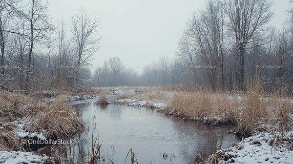 Tranquil Winter River Amidst Snowy Forest Landscape