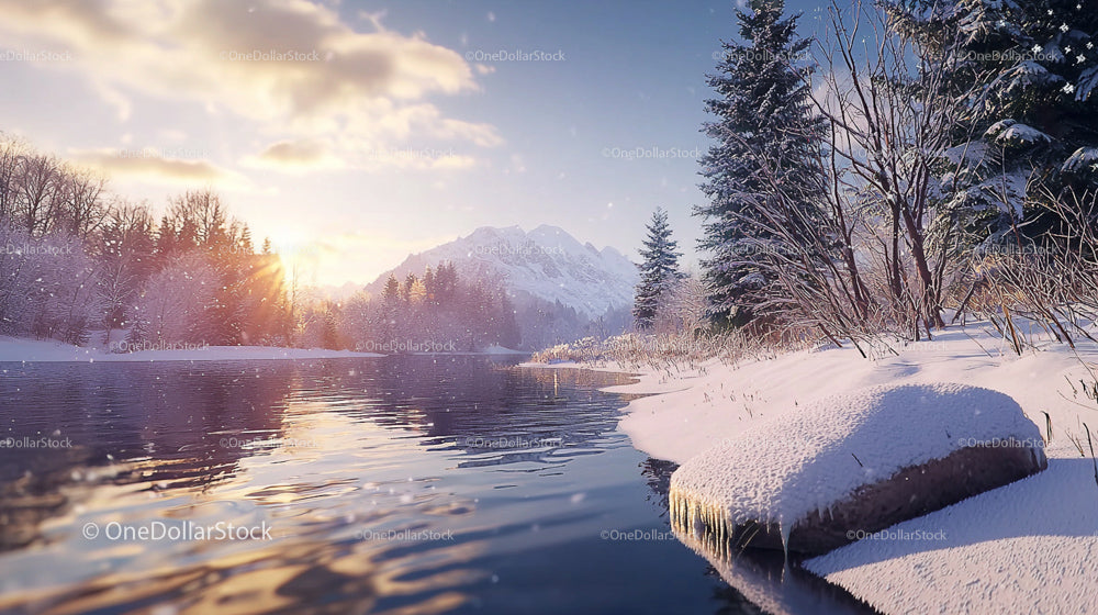 Snow-Covered Riverbank at Sunrise with Mountain Views