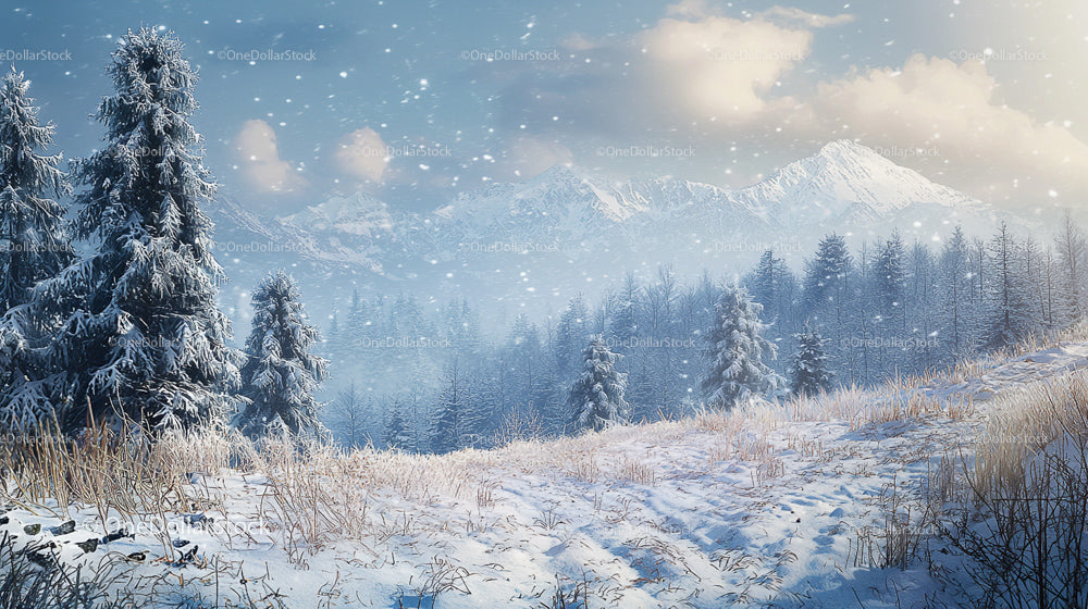 Snow-Covered Pines with Majestic Mountain Backdrop