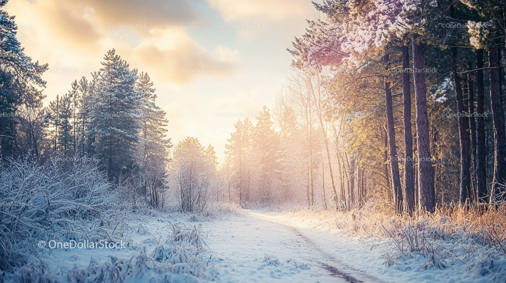 Sunrise Over a Snowy Forest Path in Winter
