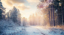Sunrise Over a Snowy Forest Path in Winter