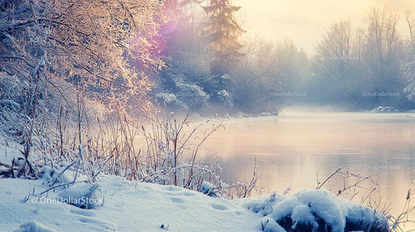 Frosty Winter Morning by a Still River with Snowy Banks