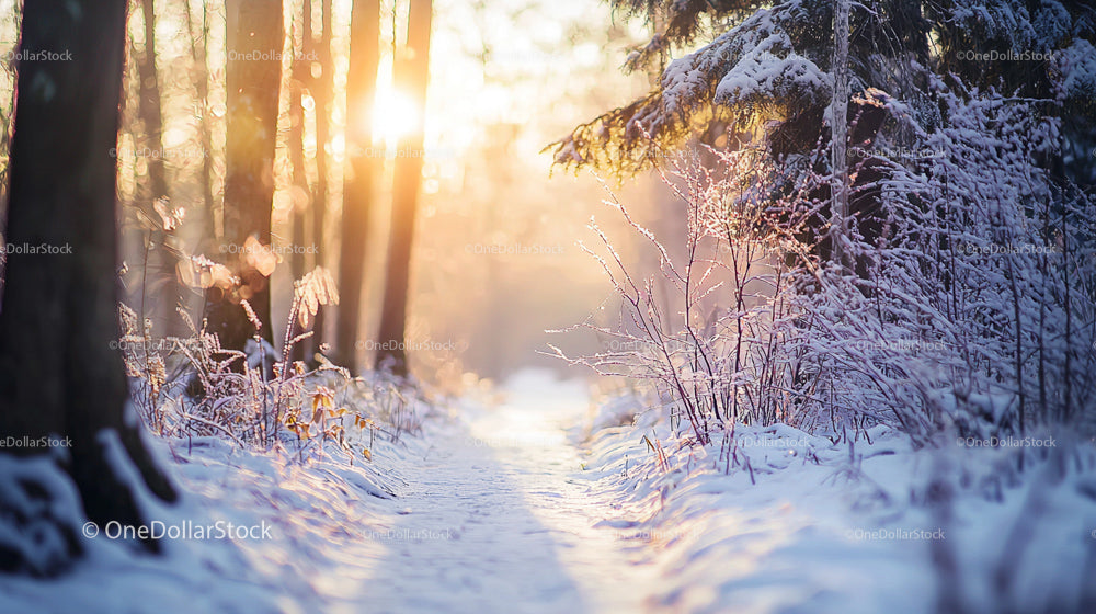 Sunlit Snow-Covered Forest Path in Winter Wonderland
