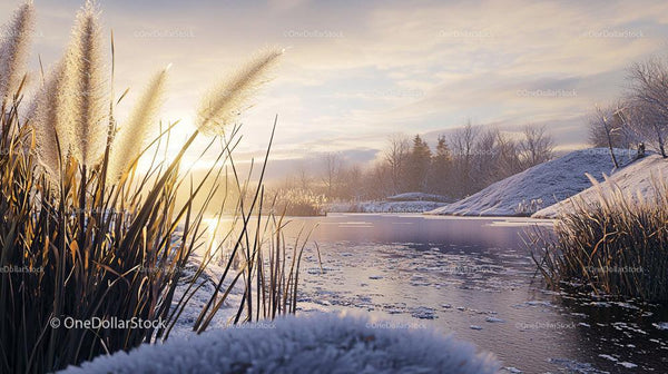 Golden Hour over Frosty Lake and Pampas Grass