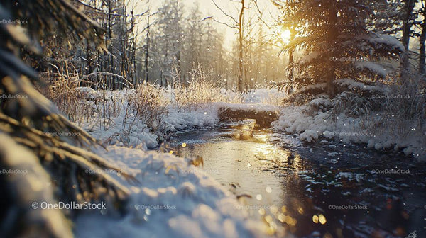 Sunlit Winter Forest with Snowy Trees and Frozen Stream