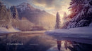 Snowy Mountain Landscape with Frozen River at Sunset