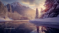 Snowy Mountain Landscape with Frozen River at Sunset