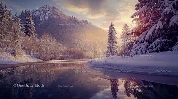 Snowy Mountain Landscape with Frozen River at Sunset