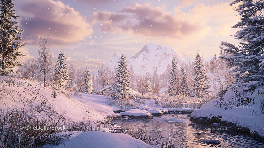 Snow-Covered Landscape with Tranquil River and Mountains
