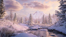Snow-Covered Landscape with Tranquil River and Mountains