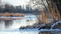 Tranquil Winter Scene with Frozen River and Snowy Banks