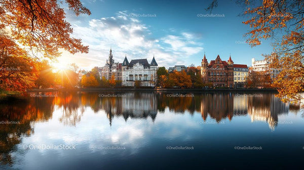 Scenic Autumn Cityscape with Reflective Lake and Colorful Trees