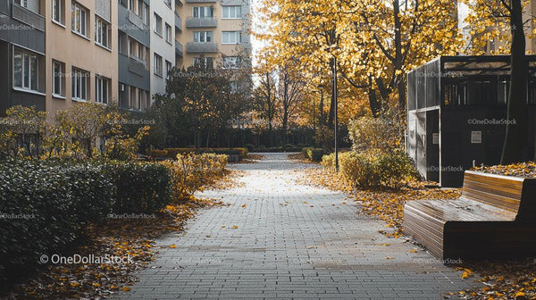 Peaceful Urban Park Path with Autumn Foliage