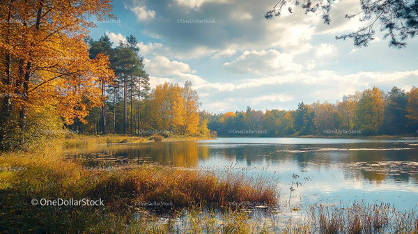 Tranquil Autumn Lake Surrounded by Vibrant Foliage