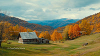 Rustic Cabin Amidst Vibrant Autumn Foliage in Mountainous Landscape