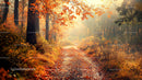 Misty Autumn Path with Orange Leaves Under Gentle Sunlight
