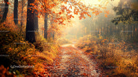 Misty Autumn Path with Orange Leaves Under Gentle Sunlight