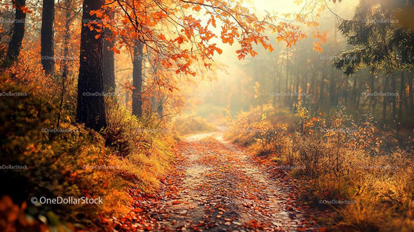 Misty Autumn Path with Orange Leaves Under Gentle Sunlight