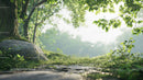 Tranquil Forest Pathway with Vibrant Greenery and Sunlight