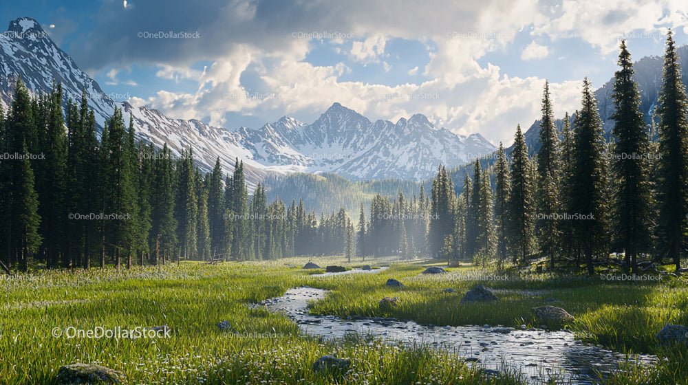 Serene Pine Forest and Snow-Capped Mountain Landscape