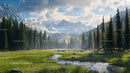 Serene Pine Forest and Snow-Capped Mountain Landscape