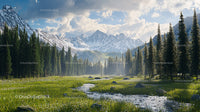 Serene Pine Forest and Snow-Capped Mountain Landscape