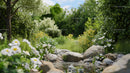 Tranquil Garden Brook with Blooming Wildflowers and Lush Greenery