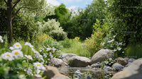 Tranquil Garden Brook with Blooming Wildflowers and Lush Greenery