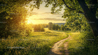 Sunset Over a Serene Countryside Pathway