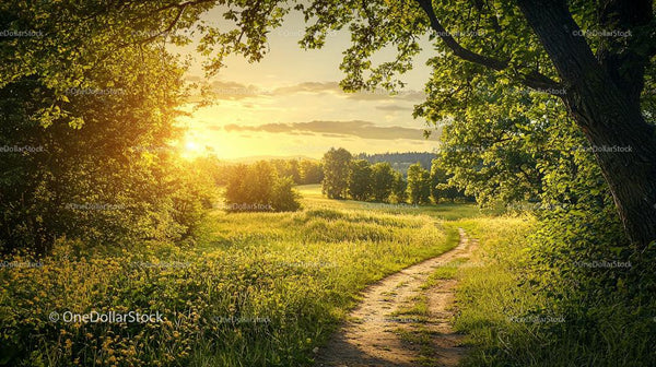 Sunset Over a Serene Countryside Pathway