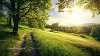 Sunlit Pathway Through a Lush Green Meadow