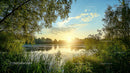 Serene Sunset Over a Lush Green Lake Landscape