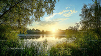 Serene Sunset Over a Lush Green Lake Landscape