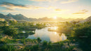 Golden Hour Over Tranquil Lake and Majestic Mountains