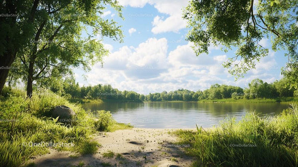 Spokojne jezioro z bujną zielenią i czystym niebem