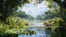 Idyllic Forest Stream with Lush Greenery and Blue Skies