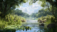 Idyllic Forest Stream with Lush Greenery and Blue Skies