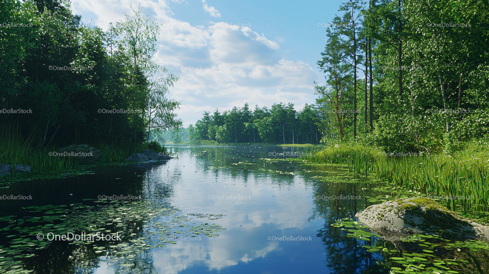 Serene Lake Surrounded by Lush Greenery and Clear Blue Sky