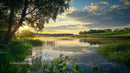 Tranquil Lake at Sunset with Lush Green Shoreline