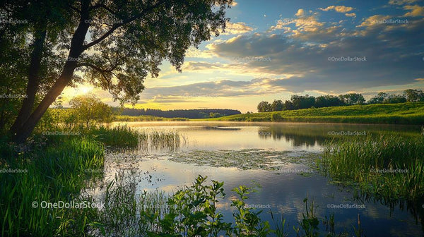 Spokojne jezioro o zachodzie słońca z bujnym, zielonym brzegiem